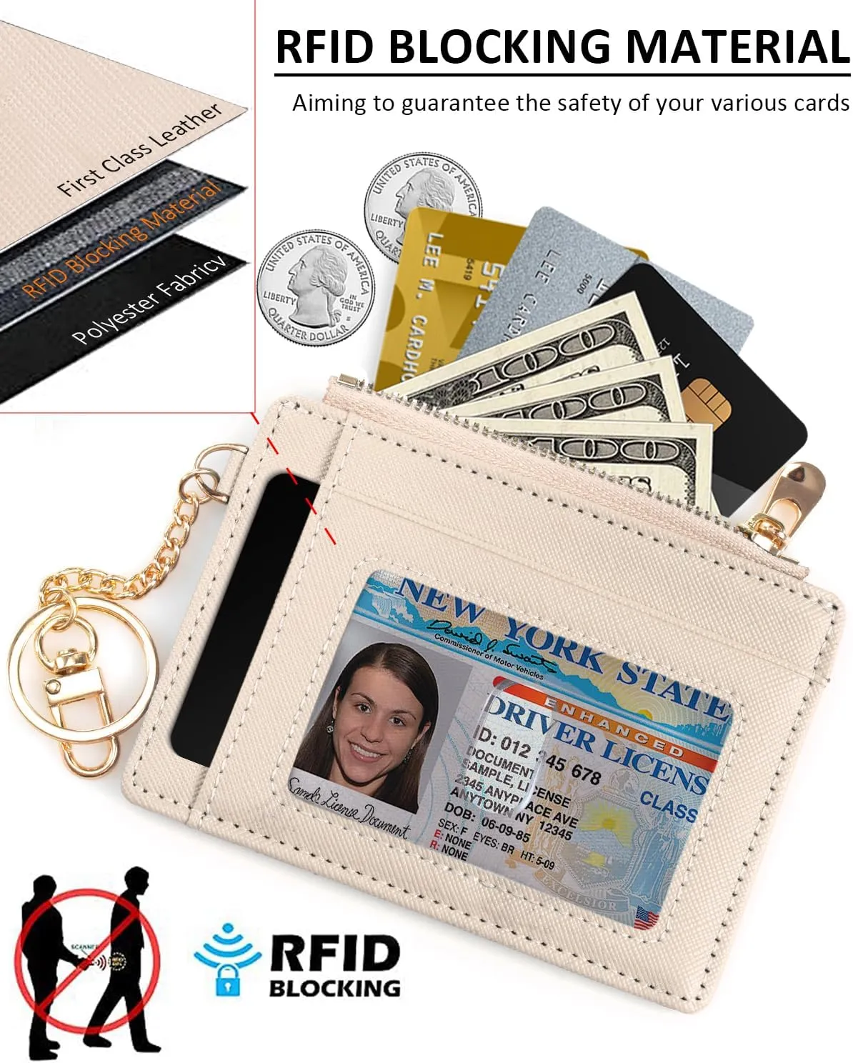 Initial RFID Wallet Small Birthday Christmas Valentines Gifts for Cheer Dance Sing Sports Team Performance Teen Girls Unique Practical Preppy Teenage Cute Girly Kawaii Stuff Beige C
