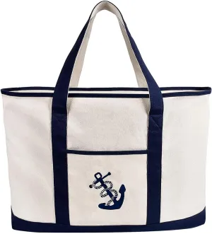 inOne 25" Extra Large Canvas Tote Bag Heavy Duty Roomy Zipper Grocery Shopping Carry Beach Boat Bag Handbag with Embroidered Anchor - Beige