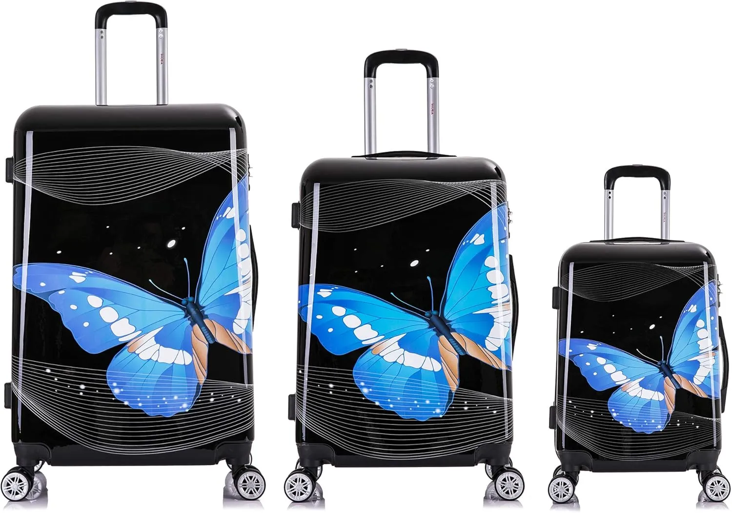 InUSA Black Butterfly Print Luggage with Spinner Wheels | Durable Lightweight Hardside Suitcase | Travel Bag with Handle and Trolley | (20in, 24in, 28in) 3 Piece Set