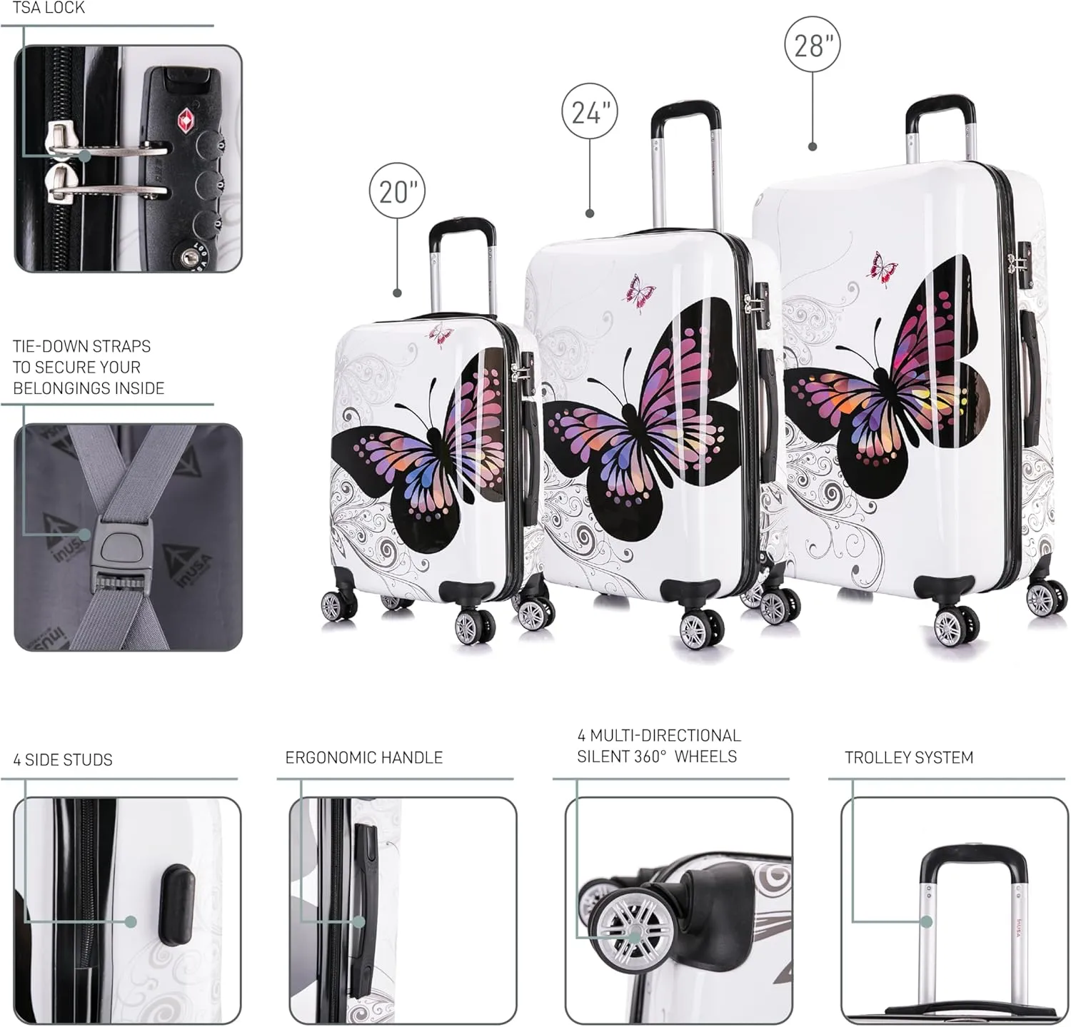 InUSA Butterfly Print Luggage with Spinner Wheels | Durable Lightweight Hardside Suitcase | Travel Bag with Handle and Trolley | (20in, 24in, 28in) 3 Piece Set