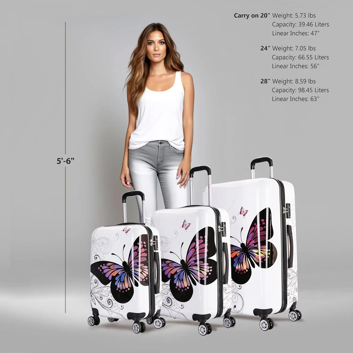 InUSA Butterfly Print Luggage with Spinner Wheels | Durable Lightweight Hardside Suitcase | Travel Bag with Handle and Trolley | (20in, 24in, 28in) 3 Piece Set