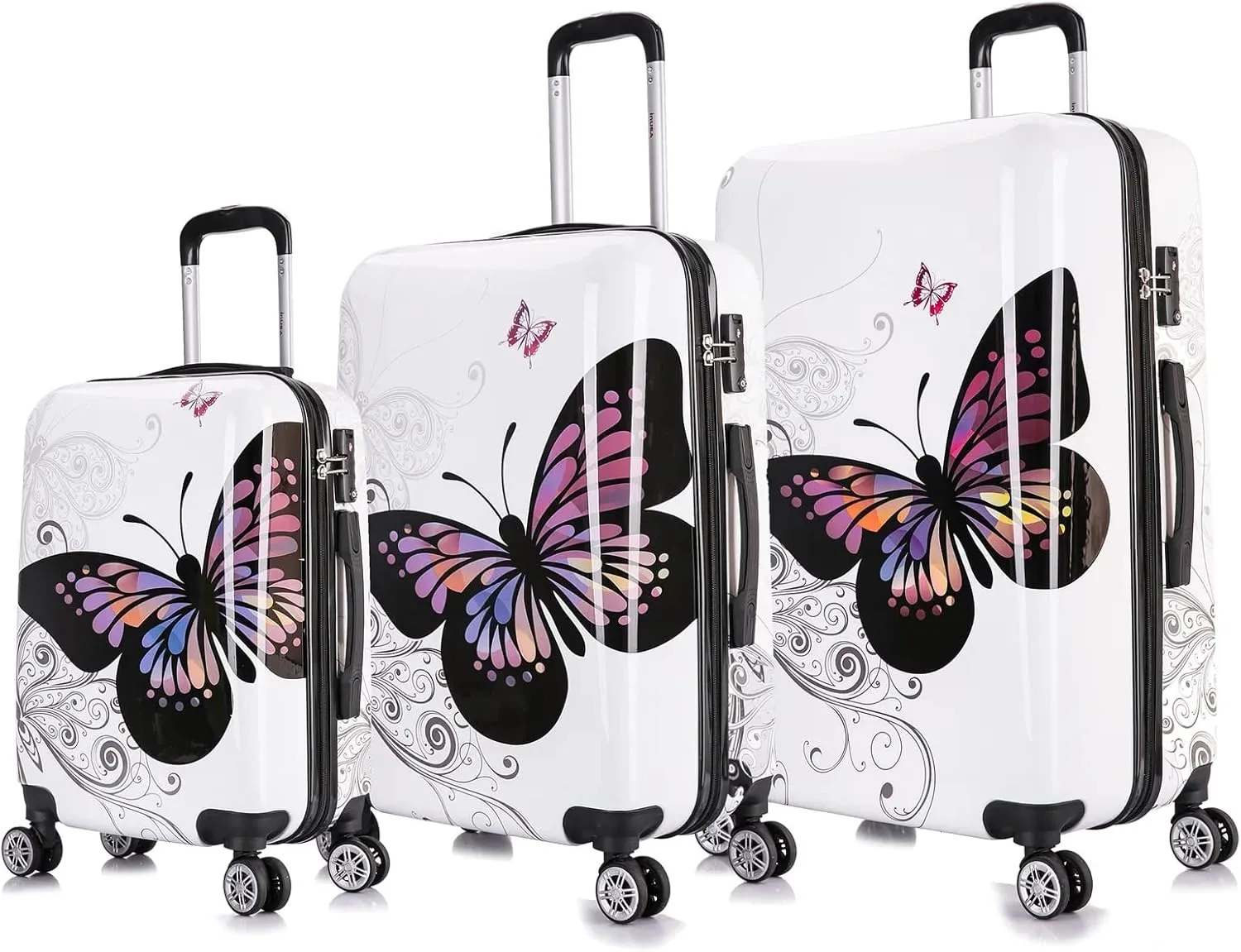 InUSA Butterfly Print Luggage with Spinner Wheels | Durable Lightweight Hardside Suitcase | Travel Bag with Handle and Trolley | (20in, 24in, 28in) 3 Piece Set