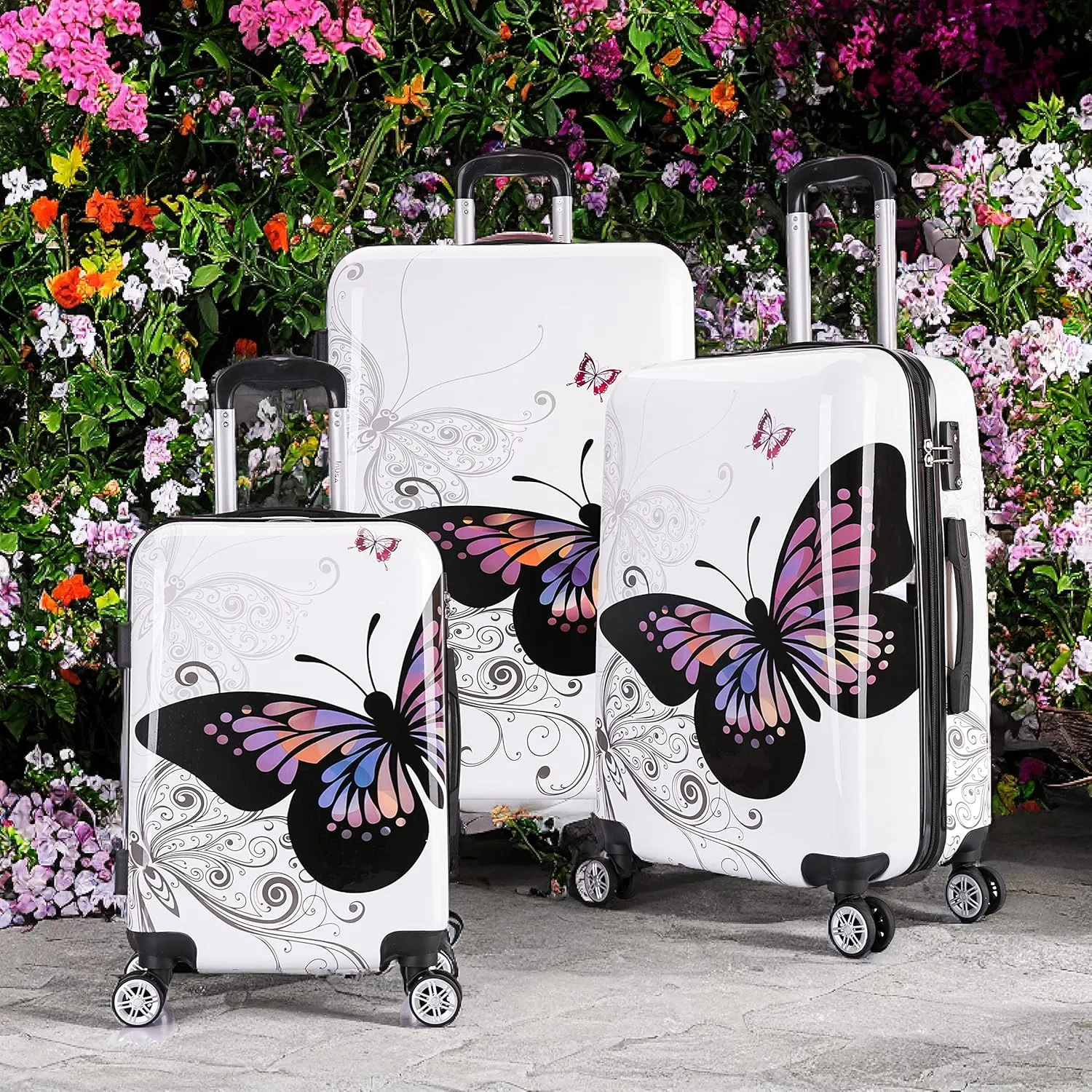 InUSA Butterfly Print Luggage with Spinner Wheels | Durable Lightweight Hardside Suitcase | Travel Bag with Handle and Trolley | (20in, 24in, 28in) 3 Piece Set