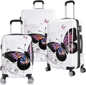 InUSA Butterfly Print Luggage with Spinner Wheels | Durable Lightweight Hardside Suitcase | Travel Bag with Handle and Trolley | (20in, 24in, 28in) 3 Piece Set