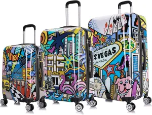 InUSA Cities Print Luggage with Spinner Wheels | Durable Lightweight Hardside Suitcase | Travel Bag with Handle and Trolley | (20in, 24in, 28in) 3 Piece Set