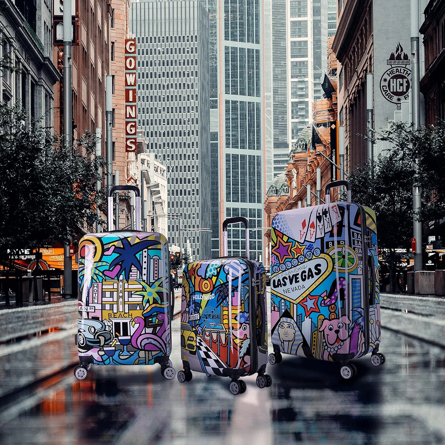 InUSA Cities Print Luggage with Spinner Wheels | Durable Lightweight Hardside Suitcase | Travel Bag with Handle and Trolley | (20in, 24in, 28in) 3 Piece Set