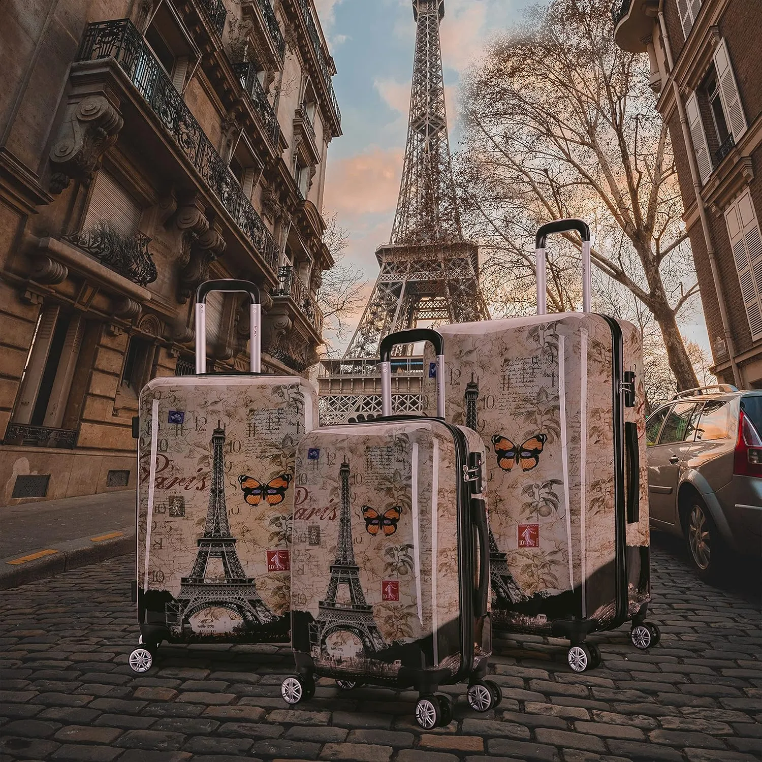 InUSA Paris Print Luggage with Spinner Wheels | Durable Lightweight Hardside Suitcase | Travel Bag with Handle and Trolley | (20in, 24in, 28in) 3 Piece Set