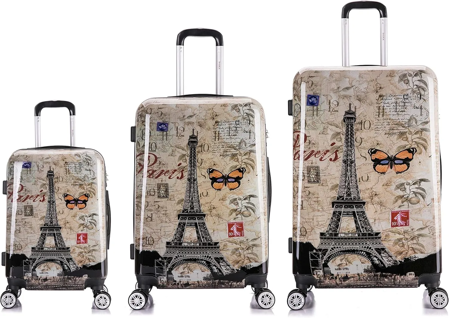 InUSA Paris Print Luggage with Spinner Wheels | Durable Lightweight Hardside Suitcase | Travel Bag with Handle and Trolley | (20in, 24in, 28in) 3 Piece Set