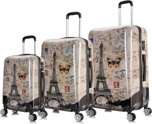 InUSA Paris Print Luggage with Spinner Wheels | Durable Lightweight Hardside Suitcase | Travel Bag with Handle and Trolley | (20in, 24in, 28in) 3 Piece Set