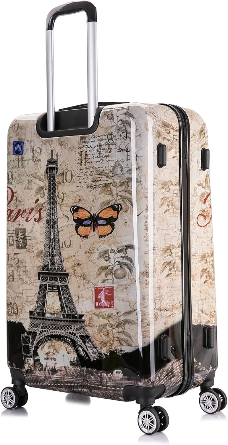 InUSA Paris Print Luggage with Spinner Wheels | Durable Lightweight Hardside Suitcase | Travel Bag with Handle and Trolley | (20in, 24in, 28in) 3 Piece Set