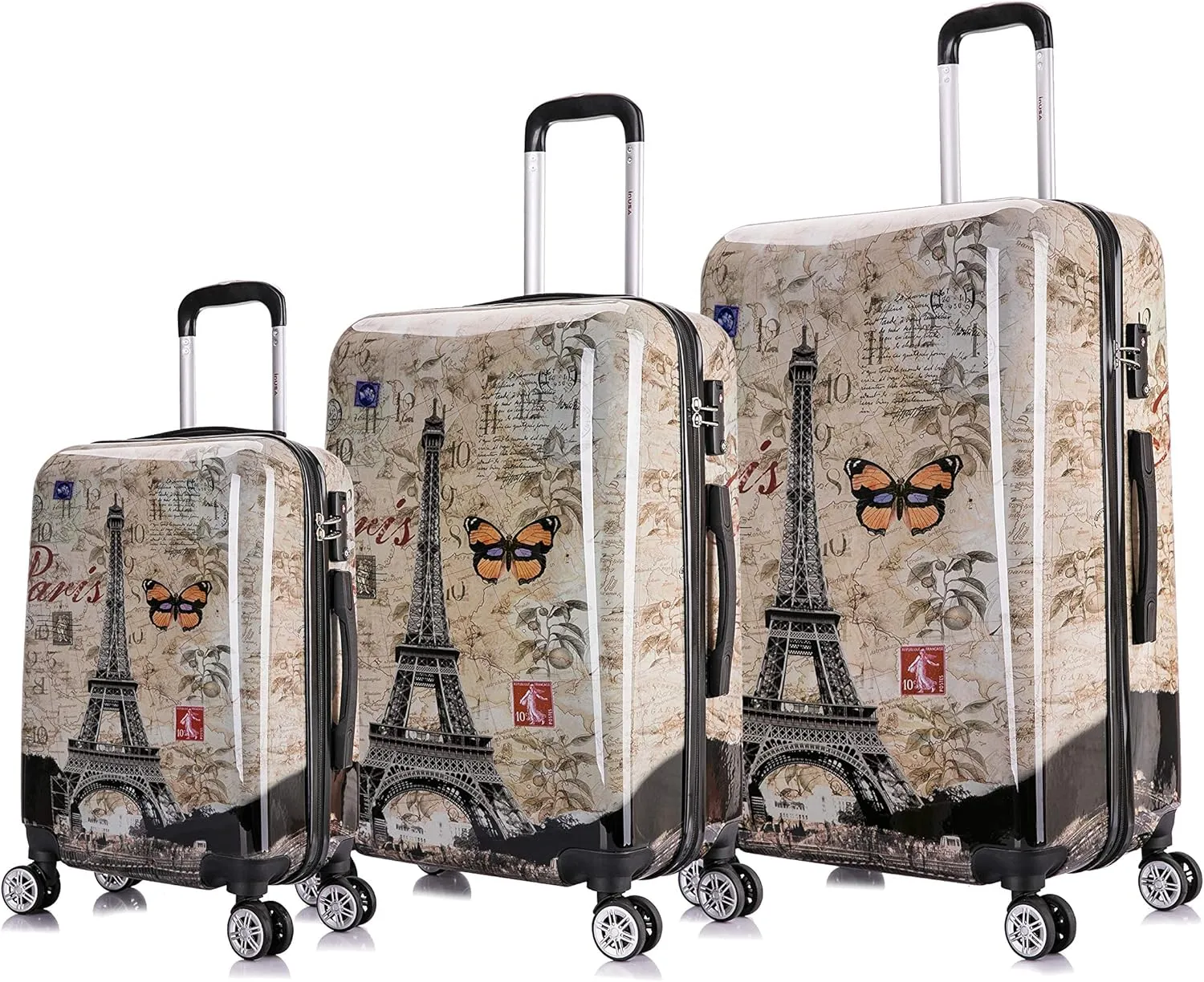 InUSA Paris Print Luggage with Spinner Wheels | Durable Lightweight Hardside Suitcase | Travel Bag with Handle and Trolley | (20in, 24in, 28in) 3 Piece Set