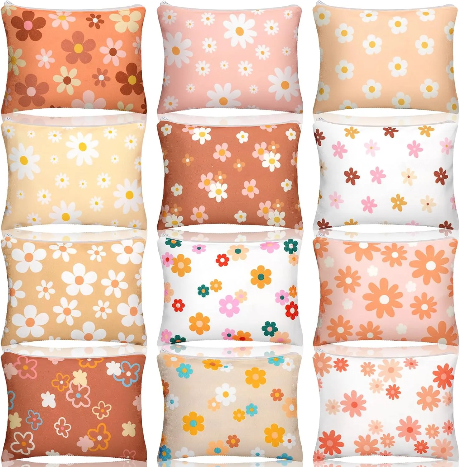 Kajaia 12 Pcs Daisy Floral Makeup Bags Bulk Fall Autumn Cosmetic Toiletry Bags Cute Portable Travel Purse Organizer Storage Zipper Pouch for Thanksgiving Christmas Women Adult Aesthetic Stuff