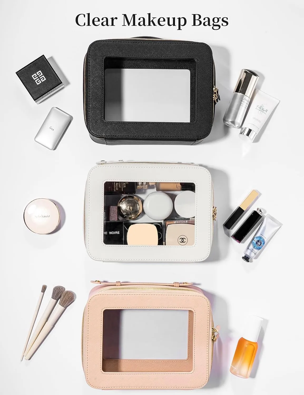 Keains Clear Makeup Bag for WomenCosmetic Organizer Case Transparent Waterproof Travel Toiletry Bag with ZipperPortable Make Up Organizer Traveling Compact Car Bag for EssentialsOff White