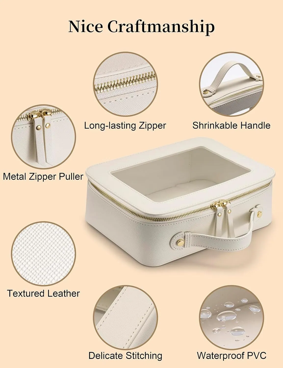 Keains Clear Makeup Bag for WomenCosmetic Organizer Case Transparent Waterproof Travel Toiletry Bag with ZipperPortable Make Up Organizer Traveling Compact Car Bag for EssentialsOff White