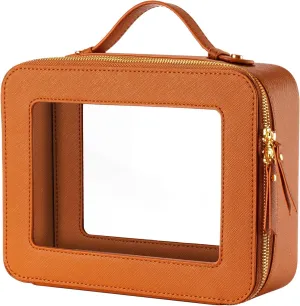 Keains Clear Makeup Bag for WomenCosmetic Organizer Case Transparent Waterproof Travel Toiletry Bag with ZipperPortable Make Up Organizer Traveling Compact Car Bag for EssentialsOrange brown