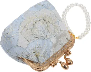 KESYOO Vintage Floral Embroidered Coin Purse for Women Elegant Evening Clutch with Pearl Strap for Weddings Formal Parties and Tea Events Design