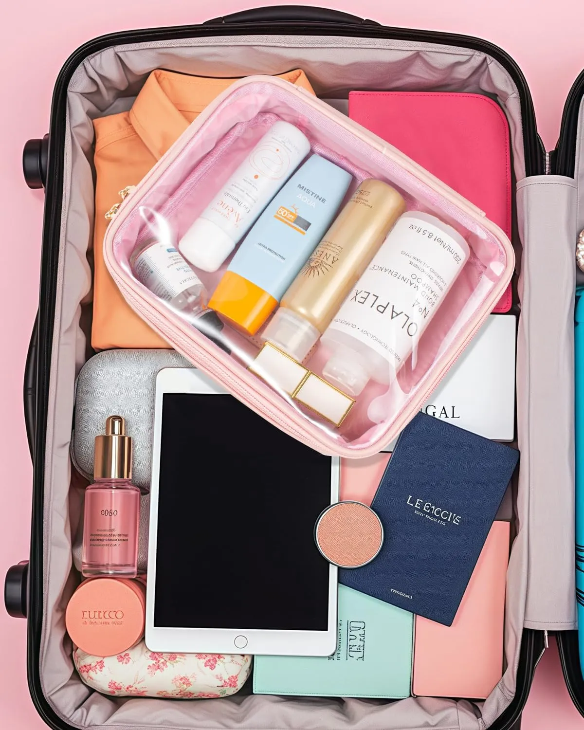 KOTORA TSA Approved Toiletry Bag with Mini Clear Makeup Bag Travel Size Beach Pool Bag Car Accessories for Women Her (1B Pink)