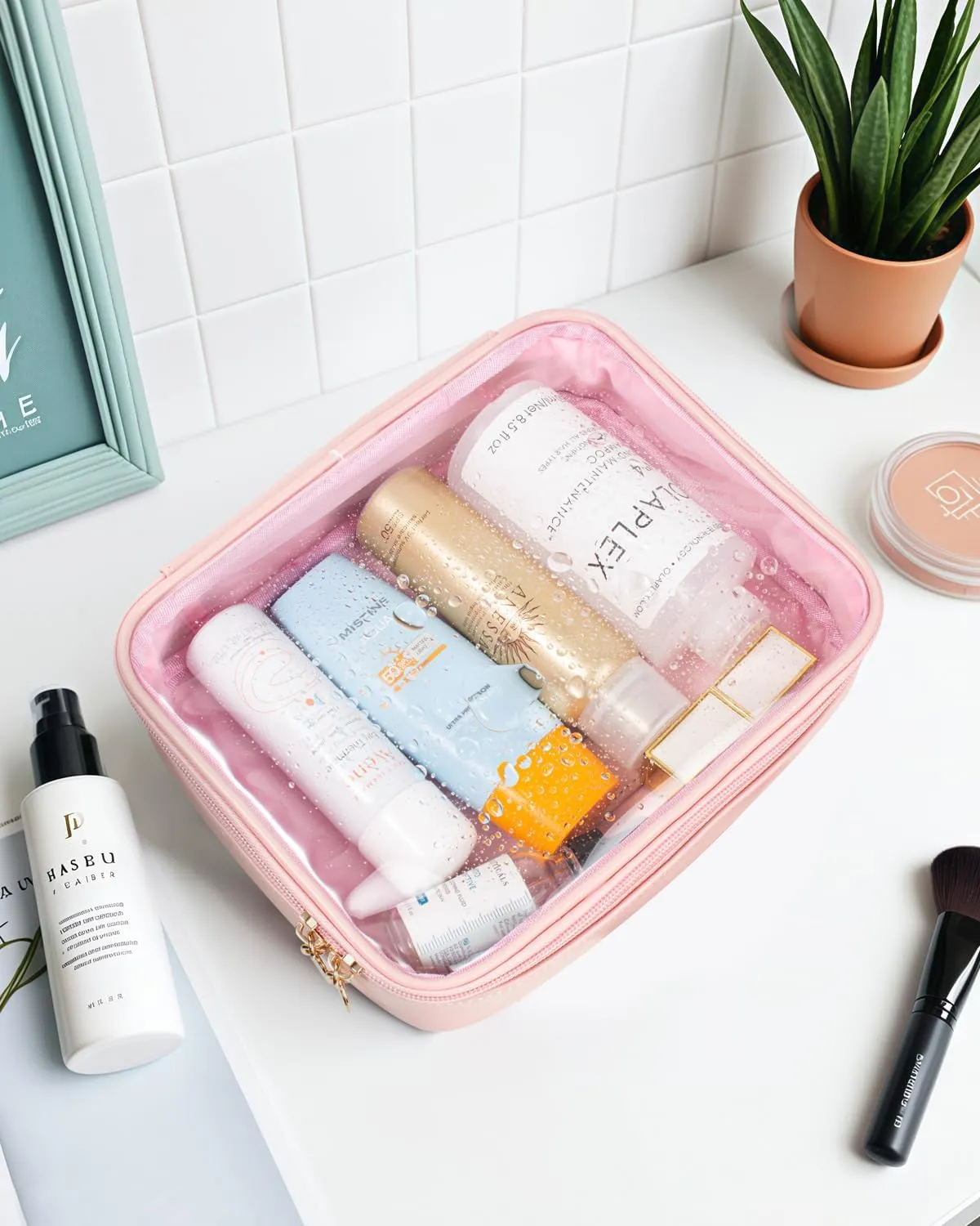 KOTORA TSA Approved Toiletry Bag with Mini Clear Makeup Bag Travel Size Beach Pool Bag Car Accessories for Women Her (1B Pink)