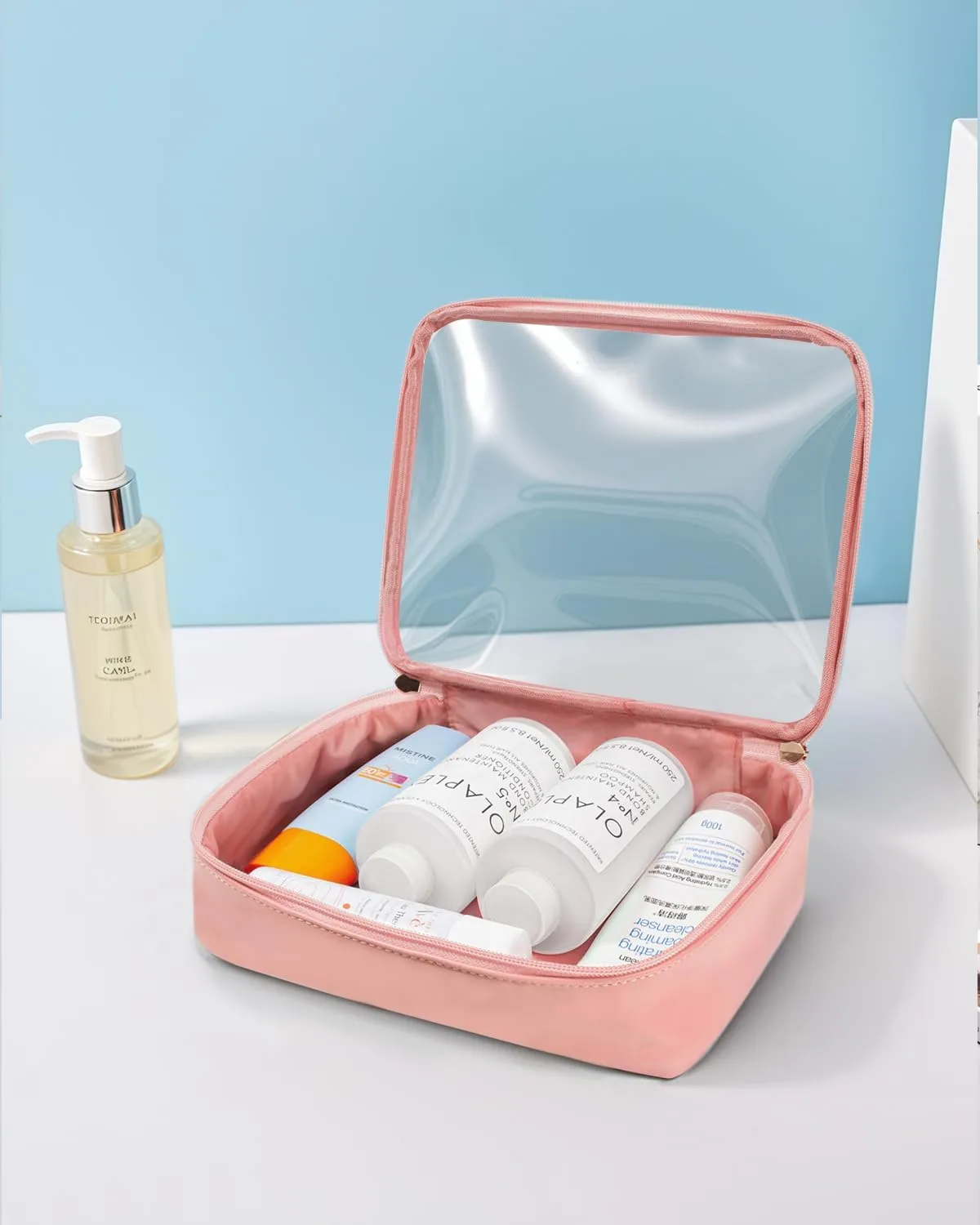 KOTORA TSA Approved Toiletry Bag with Mini Clear Makeup Bag Travel Size Beach Pool Bag Car Accessories for Women Her (1B Pink)