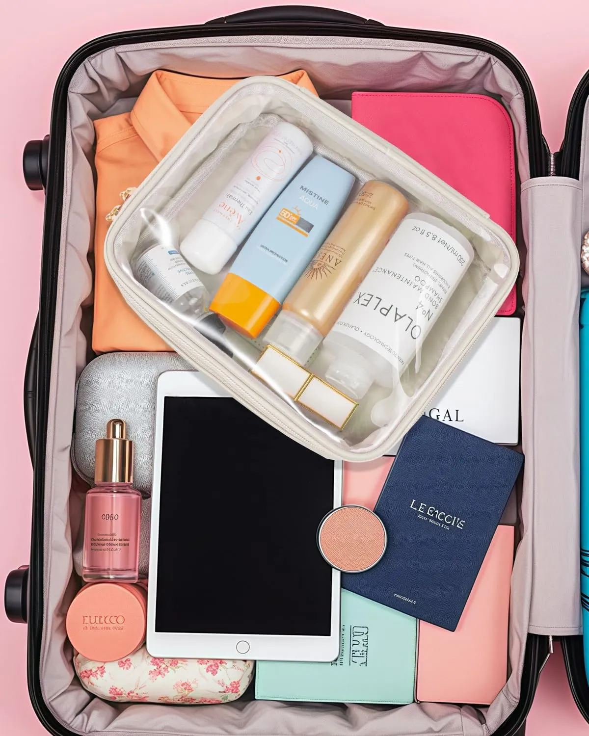 KOTORA TSA Approved Toiletry Bag with Mini Clear Makeup Bag Travel Size Beach Pool Bag Car Accessories for Women Her (1B White)