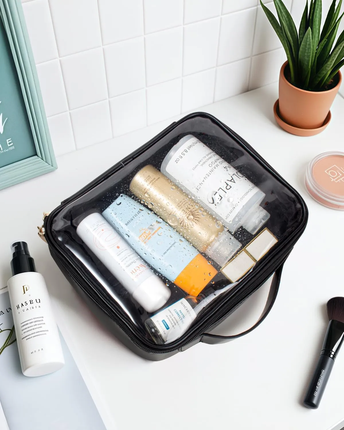 KOTORA TSA Approved Toiletry Bag with Mini Clear Makeup Bag Travel Size Beach Pool Bag Car Accessories for Women Her (1Handle-Black)