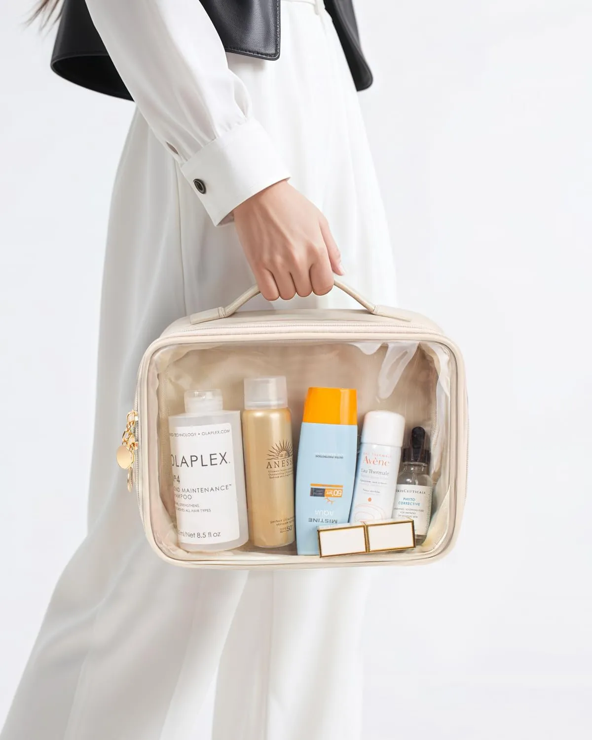 KOTORA TSA Approved Toiletry Bag with Mini Clear Makeup Bag Travel Size Beach Pool Bag Car Accessories for Women Her (1Handle-White)