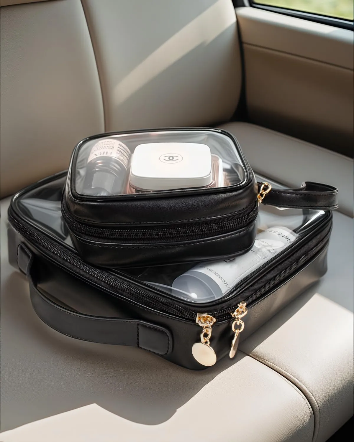 KOTORA TSA Approved Toiletry Bag with Mini Clear Makeup Bag Travel Size Beach Pool Bag Car Accessories for Women Her (A-Clear Black)