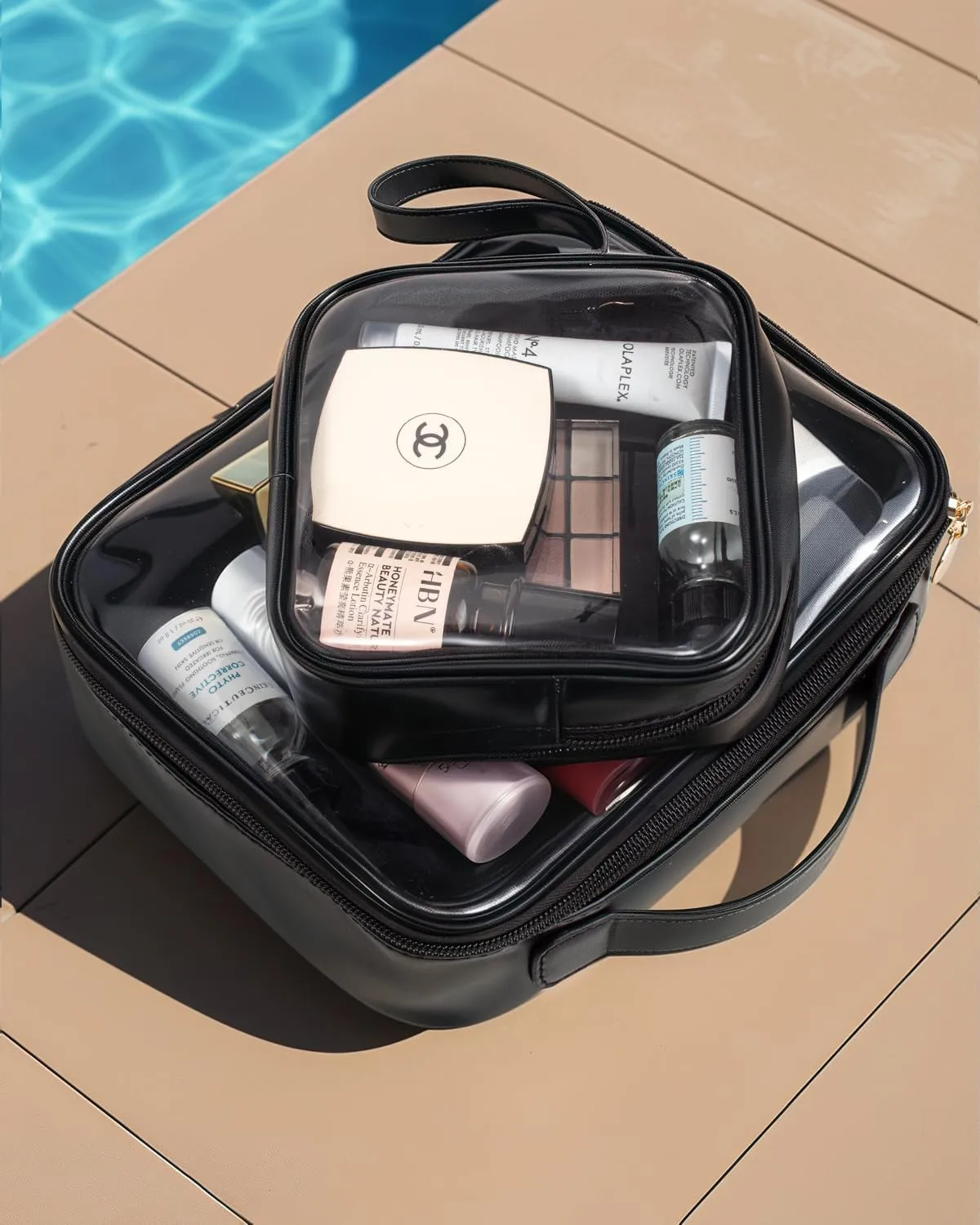 KOTORA TSA Approved Toiletry Bag with Mini Clear Makeup Bag Travel Size Beach Pool Bag Car Accessories for Women Her (A-Clear Black)