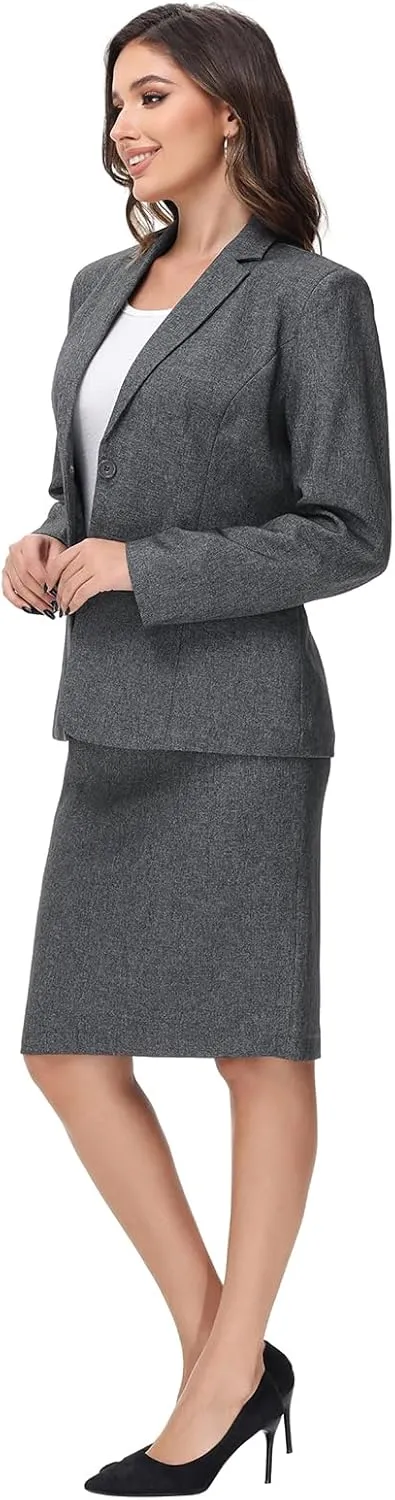 Lamgool Women's Business Skirt Suit Set 2 Piece Office Outfits Notched Lapel Blazer and Pencil Skirt