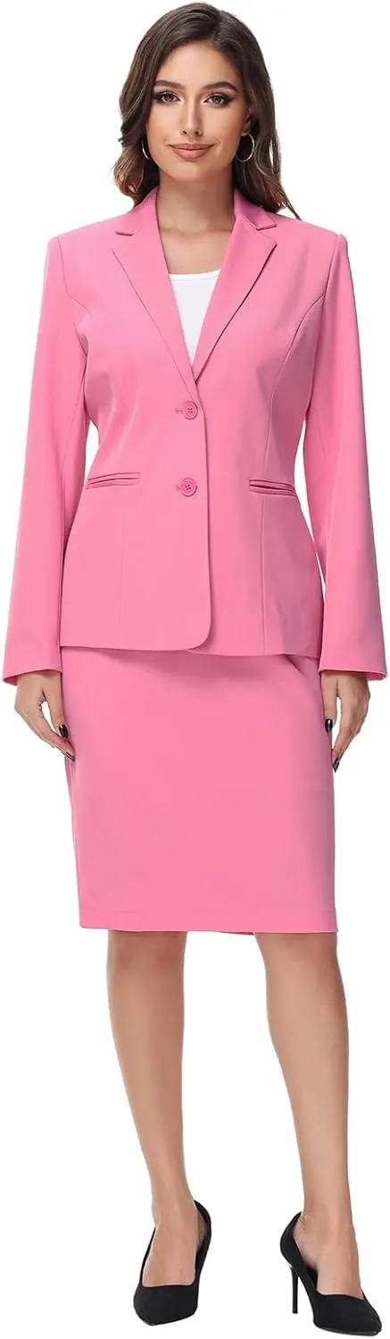 Lamgool Women's Business Skirt Suit Set 2 Piece Office Outfits Notched Lapel Blazer and Pencil Skirt