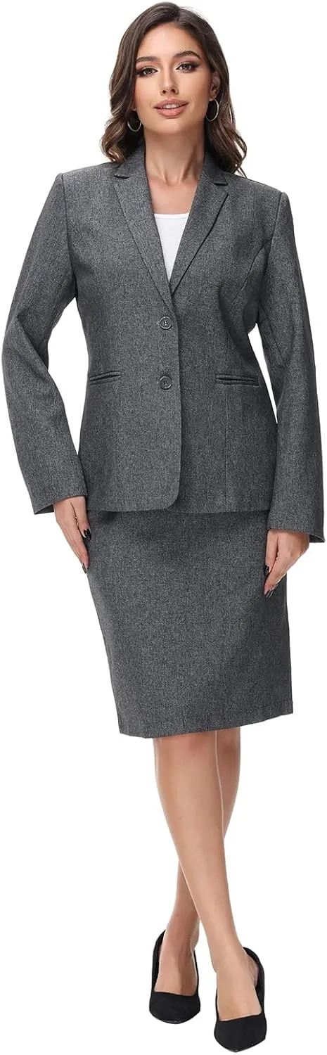 Lamgool Women's Business Skirt Suit Set 2 Piece Office Outfits Notched Lapel Blazer and Pencil Skirt