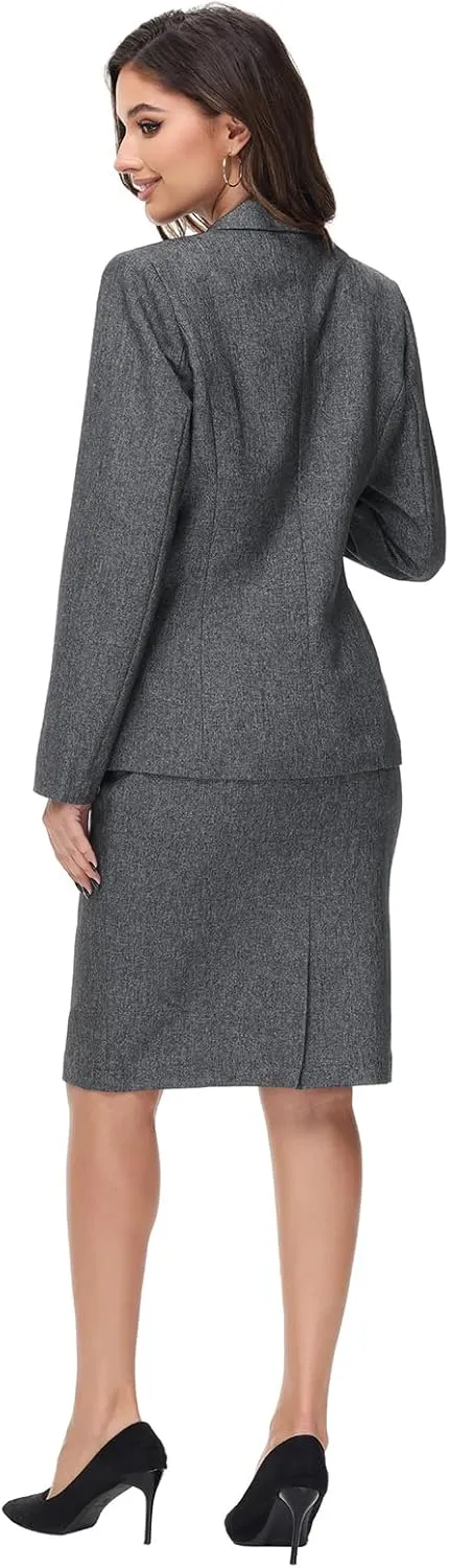 Lamgool Women's Business Skirt Suit Set 2 Piece Office Outfits Notched Lapel Blazer and Pencil Skirt