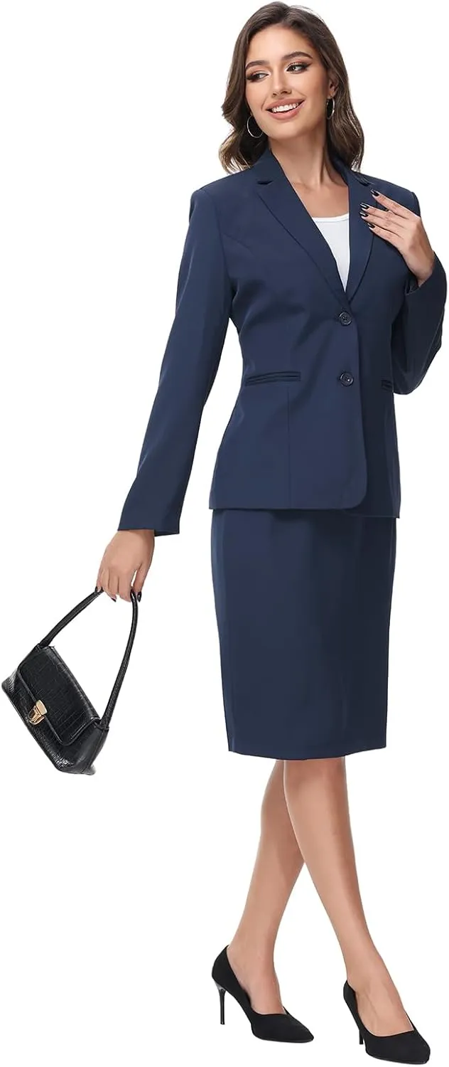 Lamgool Women's Business Skirt Suit Set 2 Piece Office Outfits Notched Lapel Blazer and Pencil Skirt