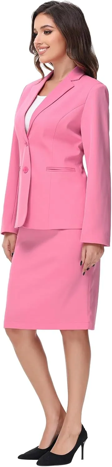 Lamgool Women's Business Skirt Suit Set 2 Piece Office Outfits Notched Lapel Blazer and Pencil Skirt