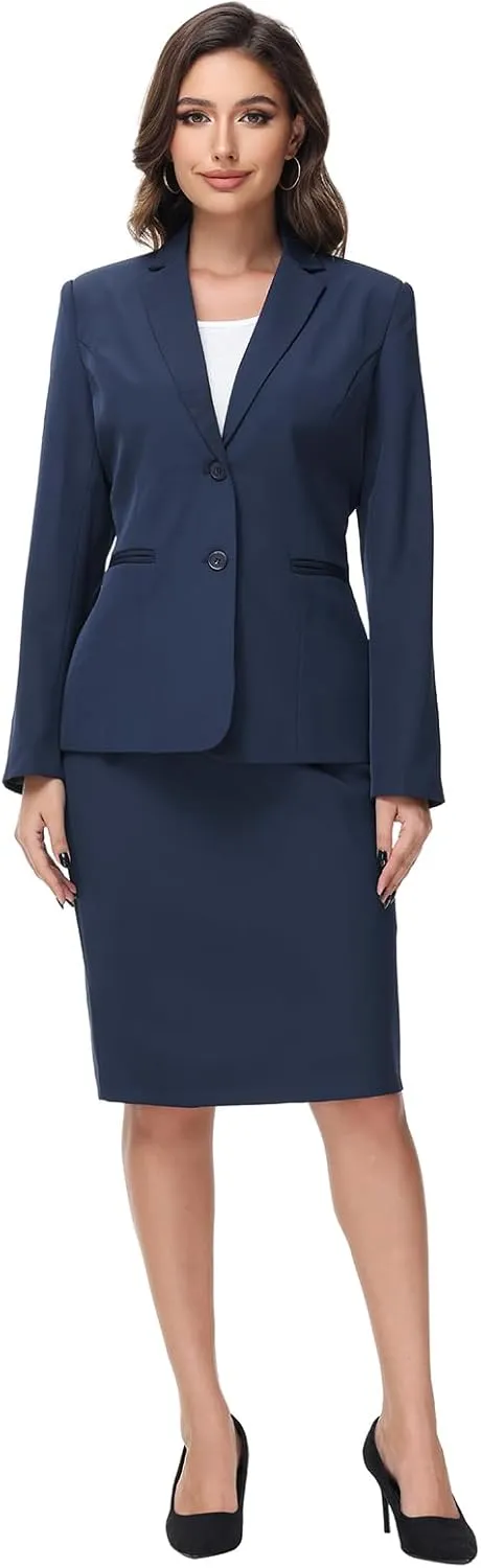 Lamgool Women's Business Skirt Suit Set 2 Piece Office Outfits Notched Lapel Blazer and Pencil Skirt
