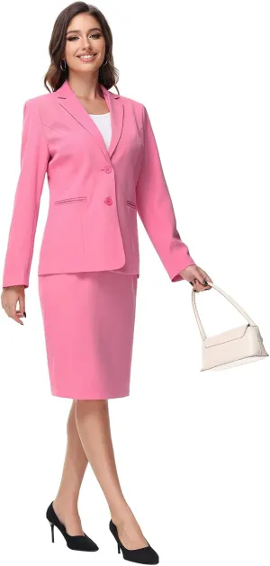 Lamgool Women's Business Skirt Suit Set 2 Piece Office Outfits Notched Lapel Blazer and Pencil Skirt