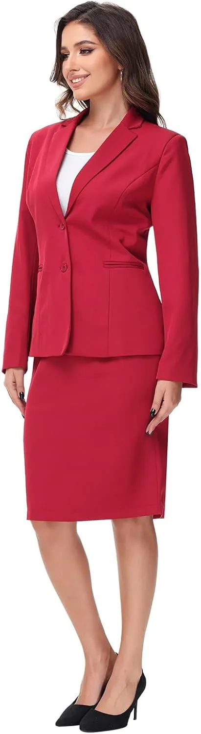 Lamgool Women's Business Skirt Suit Set 2 Piece Office Outfits Notched Lapel Blazer and Pencil Skirt