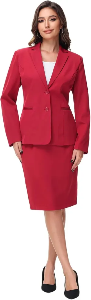 Lamgool Women's Business Skirt Suit Set 2 Piece Office Outfits Notched Lapel Blazer and Pencil Skirt