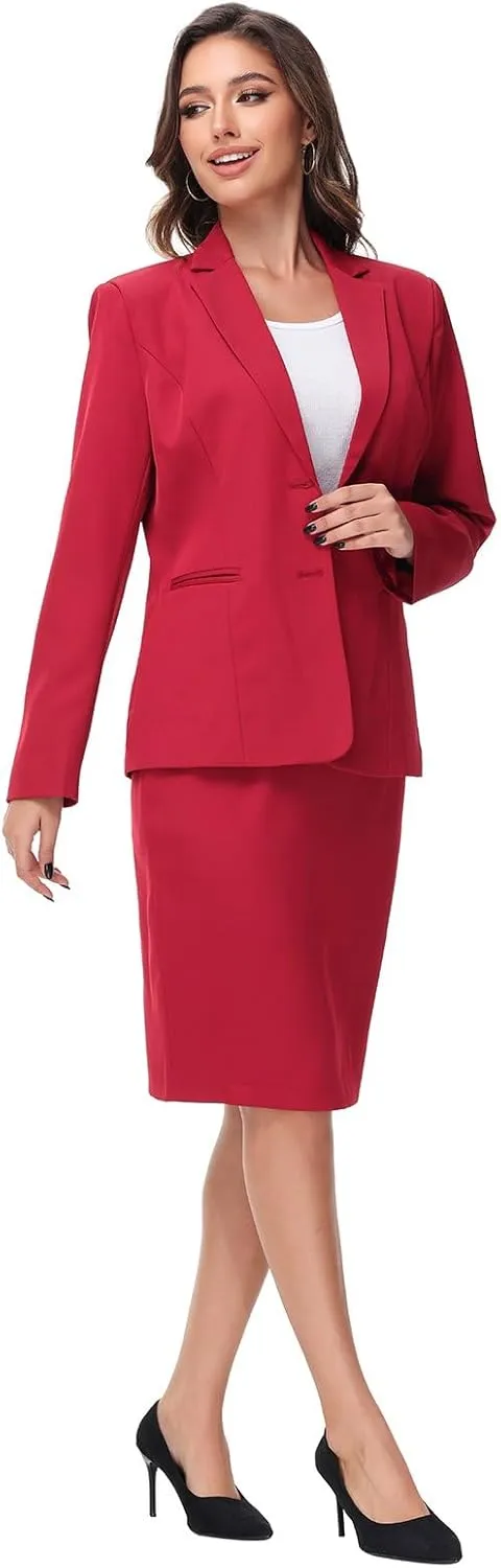 Lamgool Women's Business Skirt Suit Set 2 Piece Office Outfits Notched Lapel Blazer and Pencil Skirt