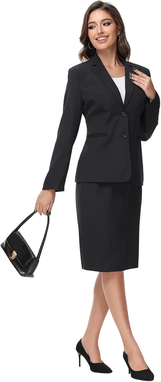 Lamgool Women's Business Skirt Suit Set 2 Piece Office Outfits Notched Lapel Blazer and Pencil Skirt