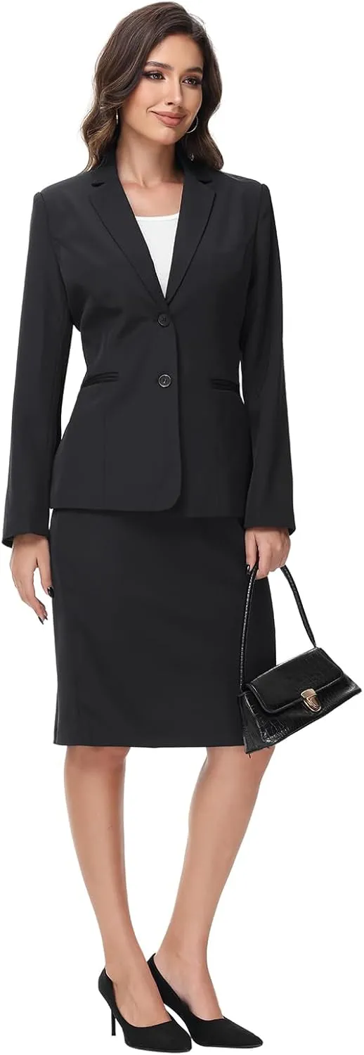 Lamgool Women's Business Skirt Suit Set 2 Piece Office Outfits Notched Lapel Blazer and Pencil Skirt