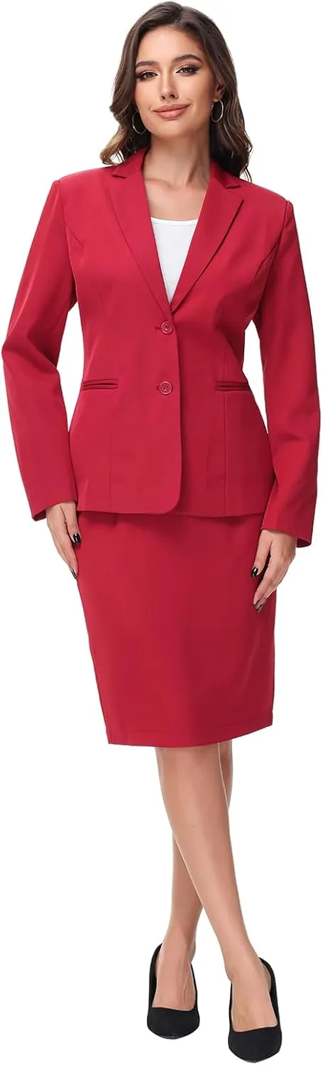 Lamgool Women's Business Skirt Suit Set 2 Piece Office Outfits Notched Lapel Blazer and Pencil Skirt