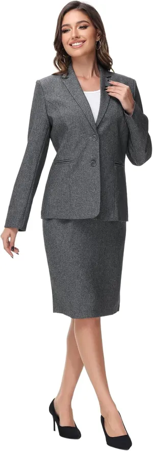 Lamgool Women's Business Skirt Suit Set 2 Piece Office Outfits Notched Lapel Blazer and Pencil Skirt