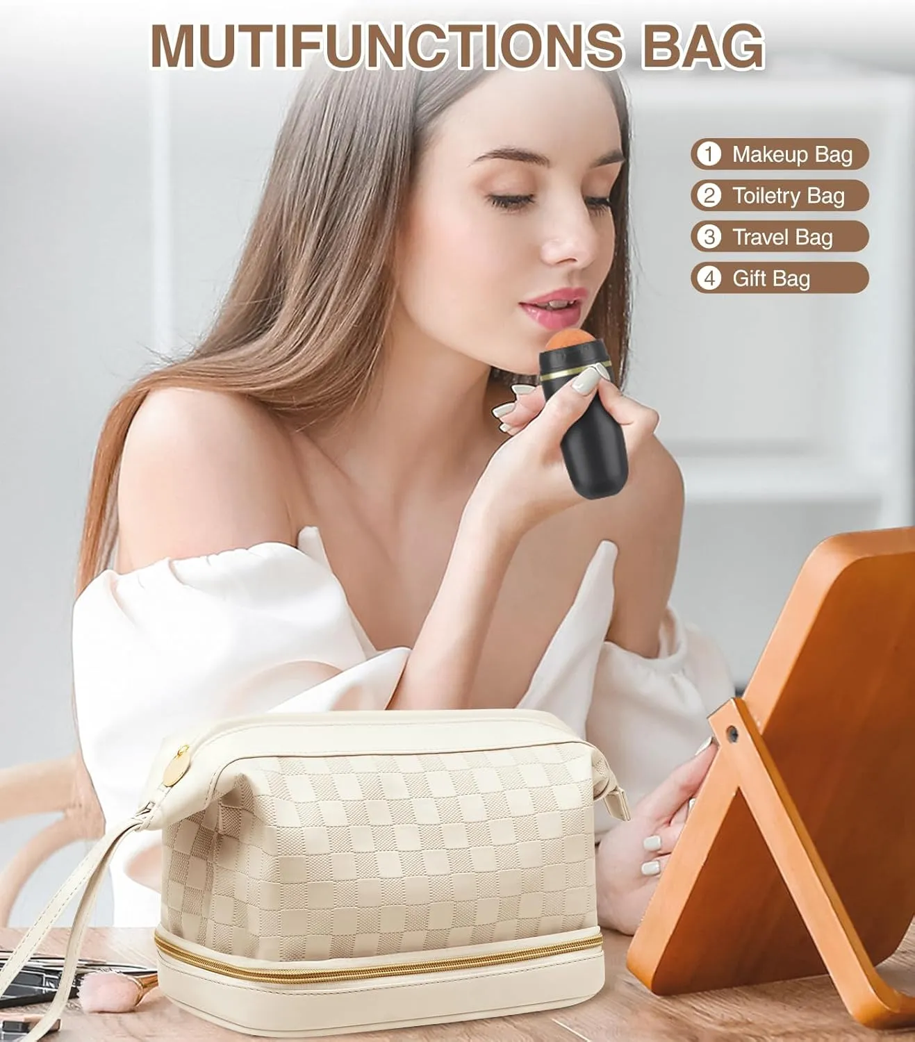 Large Makeup Bag, Double Layer Makeup Bag Organizer, Toiletry Bag For Women, Cosmetic Travel Bag, Leather Makeup Bag, Portable Toiletry Bag, Waterproof Roomy Bag For Women And Girls, Beige