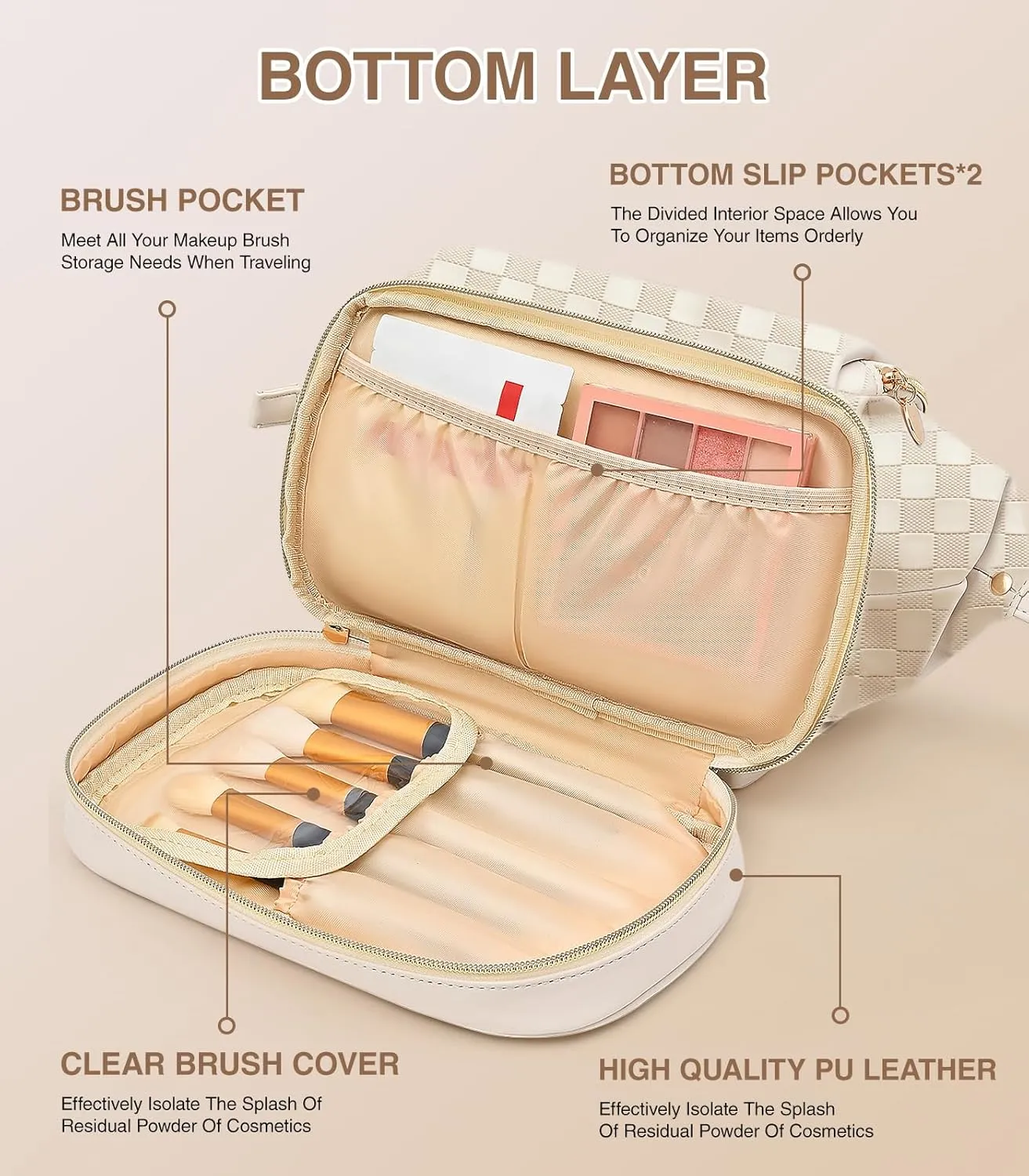 Large Makeup Bag, Double Layer Makeup Bag Organizer, Toiletry Bag For Women, Cosmetic Travel Bag, Leather Makeup Bag, Portable Toiletry Bag, Waterproof Roomy Bag For Women And Girls, Beige