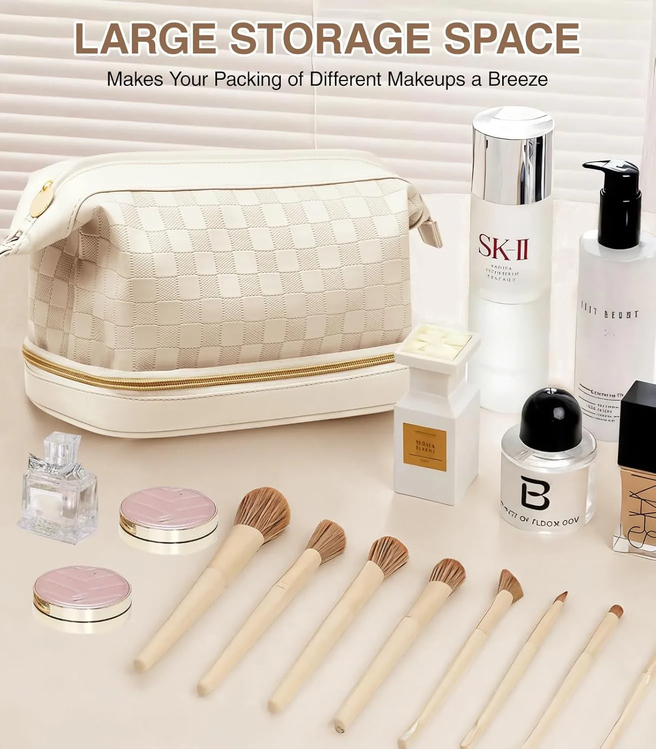 Large Makeup Bag, Double Layer Makeup Bag Organizer, Toiletry Bag For Women, Cosmetic Travel Bag, Leather Makeup Bag, Portable Toiletry Bag, Waterproof Roomy Bag For Women And Girls, Beige