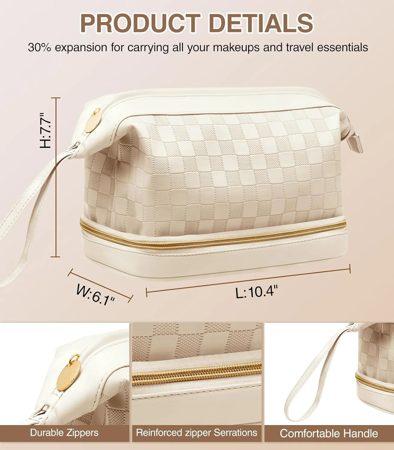 Large Makeup Bag, Double Layer Makeup Bag Organizer, Toiletry Bag For Women, Cosmetic Travel Bag, Leather Makeup Bag, Portable Toiletry Bag, Waterproof Roomy Bag For Women And Girls, Beige