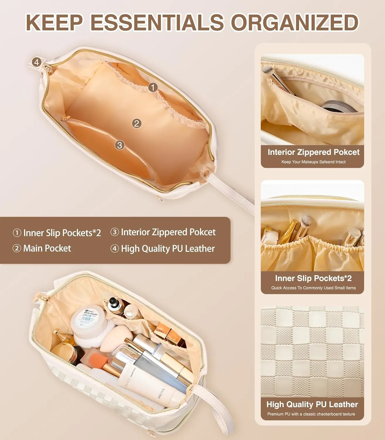 Large Makeup Bag, Double Layer Makeup Bag Organizer, Toiletry Bag For Women, Cosmetic Travel Bag, Leather Makeup Bag, Portable Toiletry Bag, Waterproof Roomy Bag For Women And Girls, Beige