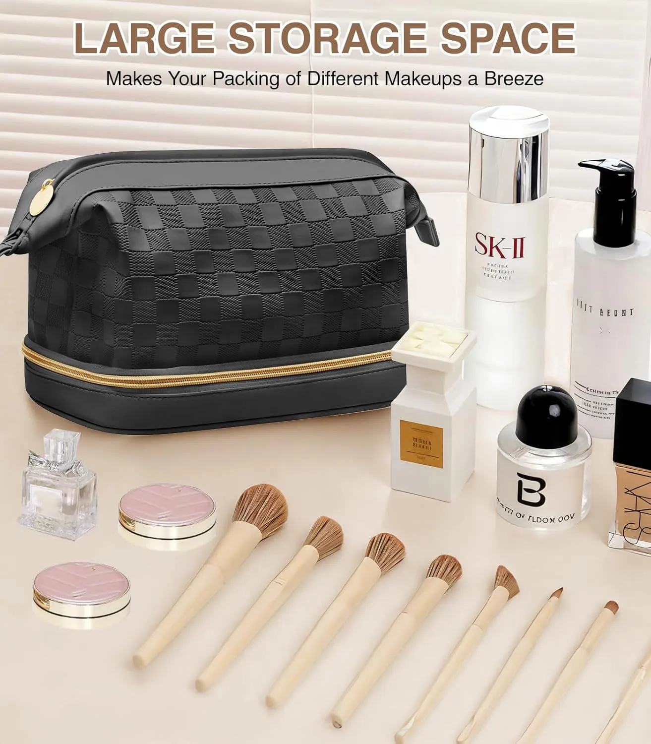Large Makeup Bag, Double Layer Makeup Bag Organizer, Toiletry Bag For Women, Cosmetic Travel Bag, Leather Makeup Bag, Portable Toiletry Bag, Waterproof Roomy Bag For Women And Girls, Black
