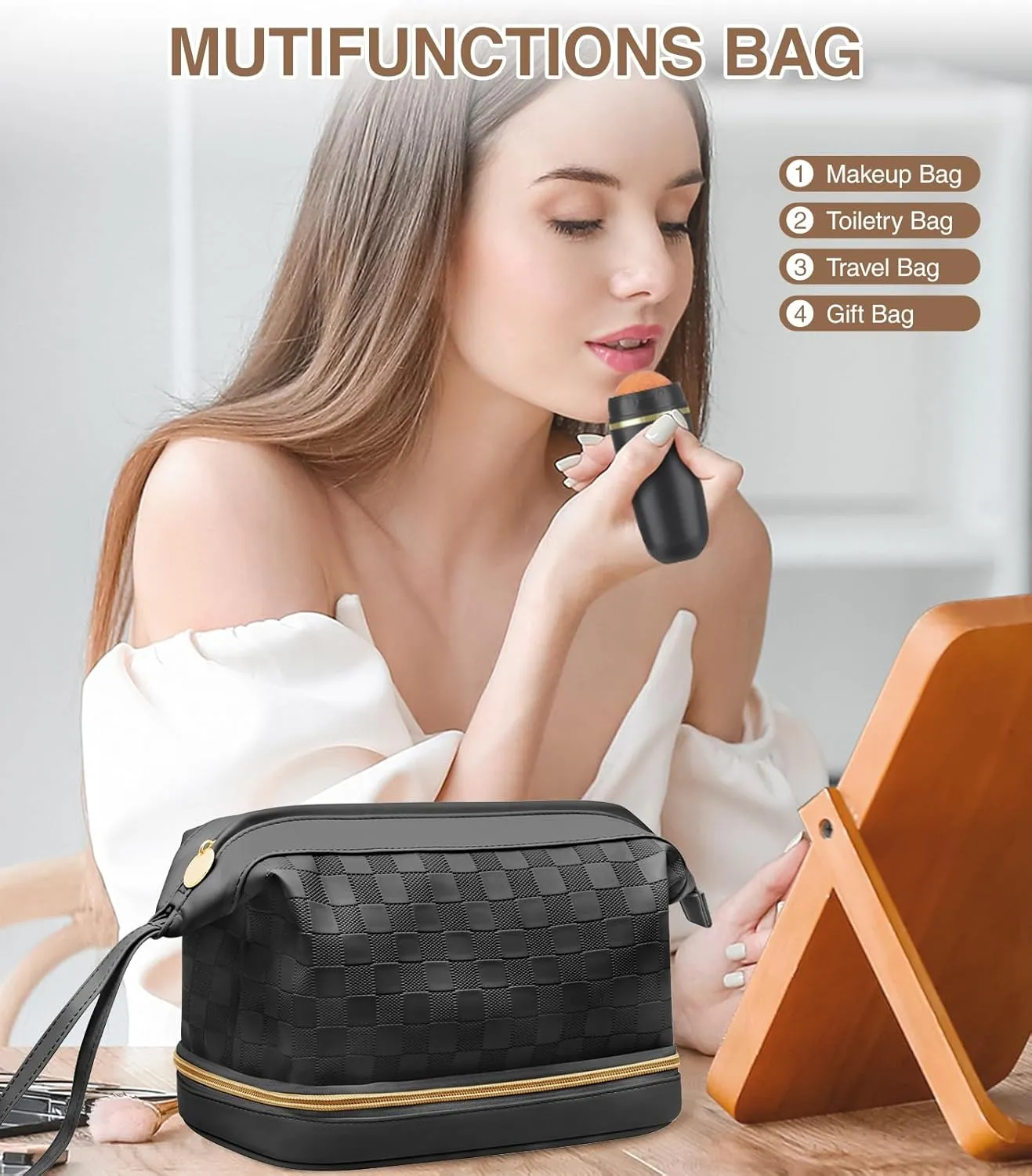 Large Makeup Bag, Double Layer Makeup Bag Organizer, Toiletry Bag For Women, Cosmetic Travel Bag, Leather Makeup Bag, Portable Toiletry Bag, Waterproof Roomy Bag For Women And Girls, Black